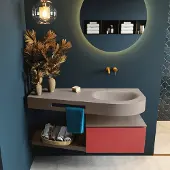 Mondiaz riva 120 cm badmeubel onderkast /planchet kleur fire met 1 lade. Wastafel dulcet rechts 0 kraangaten kleur smoke.