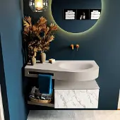 Mondiaz riva 100 cm badmeubel onderkast /planchet kleur carrara met 1 lade. Wastafel dulcet rechts 0 kraangaten kleur linen.