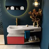 Mondiaz riva 120 cm badmeubel onderkast /planchet kleur fire met 1 lade. Wastafel dulcet links 1 kraangat kleur linen.