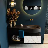 Mondiaz riva 120 cm badmeubel onderkast /planchet kleur carrara met 1 lade. Wastafel dulcet rechts 0 kraangaten kleur urban.