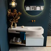 Mondiaz riva 120 cm badmeubel onderkast /planchet kleur clay met 1 lade. Wastafel dulcet rechts 0 kraangaten kleur linen.