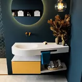 Mondiaz Riva badmeubel 120cm Ocher met 1 lade en wastafel links 0 kraangaten Talc