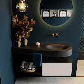 Mondiaz riva 120 cm badmeubel onderkast /planchet kleur linen met 1 lade. Wastafel dulcet rechts 0 kraangaten kleur urban.