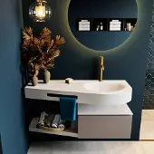 Mondiaz riva 120 cm badmeubel onderkast /planchet kleur smoke met 1 lade. Wastafel dulcet rechts 1 kraangat kleur talc.