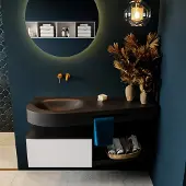 Mondiaz riva 120 cm badmeubel onderkast /planchet kleur talc met 1 lade. Wastafel dulcet links 0 kraangaten kleur urban.