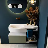 Mondiaz riva 100 cm badmeubel onderkast /planchet kleur army met 1 lade. Wastafel dulcet links 0 kraangaten kleur talc.