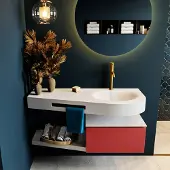 Mondiaz riva 120 cm badmeubel onderkast /planchet kleur fire met 1 lade. Wastafel dulcet rechts 1 kraangat kleur talc.