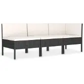 vidaXL 3-delige Loungeset met kussens poly rattan zwart