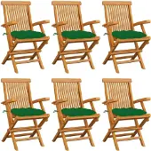 vidaXL Klapstoelen met groene kussens, 6 stuks, massief teak hout