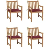 vidaXL Tuinstoelen 4 st met wijnrode kussens massief teakhout