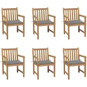 vidaXL Tuinstoelen 6 st met grijze kussens massief teakhout