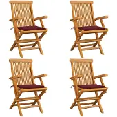 vidaXL Tuinstoelen 4 st met wijnrode kussens massief teakhout