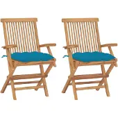 vidaXL Klapstoelen met lichtblauwe kussens, 2 stuks, massief teak hout