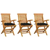 vidaXL Tuinstoelen 3 st met zwarte kussens massief teakhout