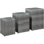 vidaXL 3-delige Bijzettafelset met glazen blad poly rattan grijs