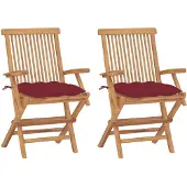 vidaXL Tuinstoelen 2 st met wijnrode kussens massief teakhout