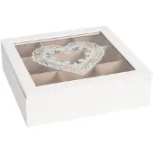 Clayre & Eef Tea Box 9 compartments 24x24x7 cm White Wood Glass Square Heart Tea Box - white