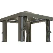 vidaXL Prieel met gordijn en LED-lichtslinger 3x3 m taupe