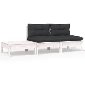 vidaXL 3-delige Loungeset met kussens massief grenenhout wit