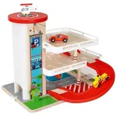 Scratch Preschool: GARAGE CONTILOOP 45x57x39cm, met lift, incl. 3 benzinepompen, 2 auto's en een helikopter, in hout, in doos, 3+