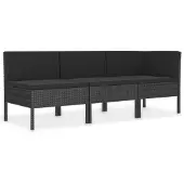 vidaXL 3-delige Loungeset met kussens poly rattan zwart