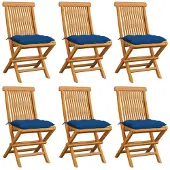 vidaXL Tuinstoelen 6 st met blauwe kussens massief teakhout