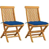 vidaXL Opklapbare stoelen met blauwe kussens, 2 stuks, massief teakhout