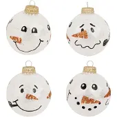 Merkloos 4x Glazen witte glitter kerstballen met sneeuwpop 7 cm - Kerstbal