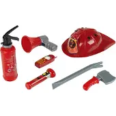 Klein Toys 7-delige brandweerset - brandblusser, zaklamp, koevoet, bijl, helm, mobiele telefoon, megafoon - incl. 0,5 L watertank - rood grijs