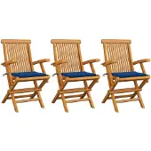 vidaXL Tuinstoelen 3 st met koningsblauwe kussens massief teakhout