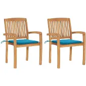 vidaXL Tuinstoelen 2 st met blauwe kussens massief teakhout