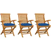 vidaXL Tuinstoelen 3 st met blauwe kussens massief teakhout
