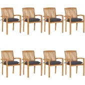 vidaXL Tuinstoelen stapelbaar 8 st met kussens massief teakhout
