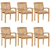 vidaXL Tuinstoelen stapelbaar 6 st met kussens massief teakhout