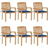 vidaXL Tuinstoelen stapelbaar 6 st met kussens massief teakhout