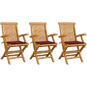 vidaXL Tuinstoelen 3 st met wijnrode kussens massief teakhout