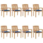 vidaXL Tuinstoelen stapelbaar 8 st met kussens massief teakhout