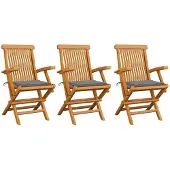 vidaXL Tuinstoelen 3 st met grijs kussens massief teakhout
