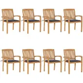 vidaXL Tuinstoelen stapelbaar 8 st met kussens massief teakhout