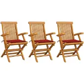 vidaXL Tuinstoelen 3 st met rode kussens massief teakhout