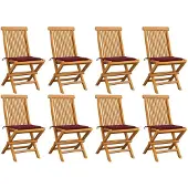 vidaXL Tuinstoelen 8 st met wijnrode kussens massief teakhout