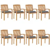 vidaXL Tuinstoelen stapelbaar 8 st met kussens massief teakhout