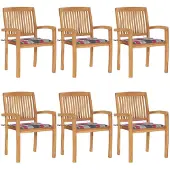 vidaXL Tuinstoelen stapelbaar 6 st met kussens massief teakhout