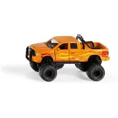 Siku 2358, Dodge RAM 1500 met ballonbanden, speelgoedauto, 1:50, metaal/kunststof, zwart/oranje, verwisselbare wielen, deur, motorkap en achterklep kunnen geopend worden