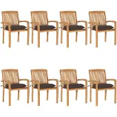 vidaXL Tuinstoelen stapelbaar 8 st met kussens massief teakhout