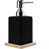 QUVIO Zeepdispenser met houten onderzetter - 6,5 x 6,5 x 15 cm - Zwart