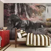 Artgeist Fotobehang – Behangpapier - Fotobehang - Zwart paard door een waterval 200x154 -