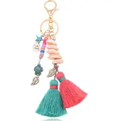 Deja Jewels Handgemaakte Ibiza sleutelhanger goudkleurig roze turquoise met schelpjes