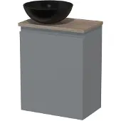 Maxaro Toiletmeubel met waskom | 41 cm Middengrijs Greeploos front Mat zwart Keramiek waskom Eiken blad
