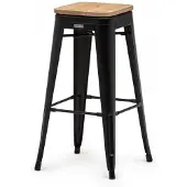 HorecaTraders Stapelbare Barkruk Tolix | Staal/Iepenhout | Zwart | 4 stuks